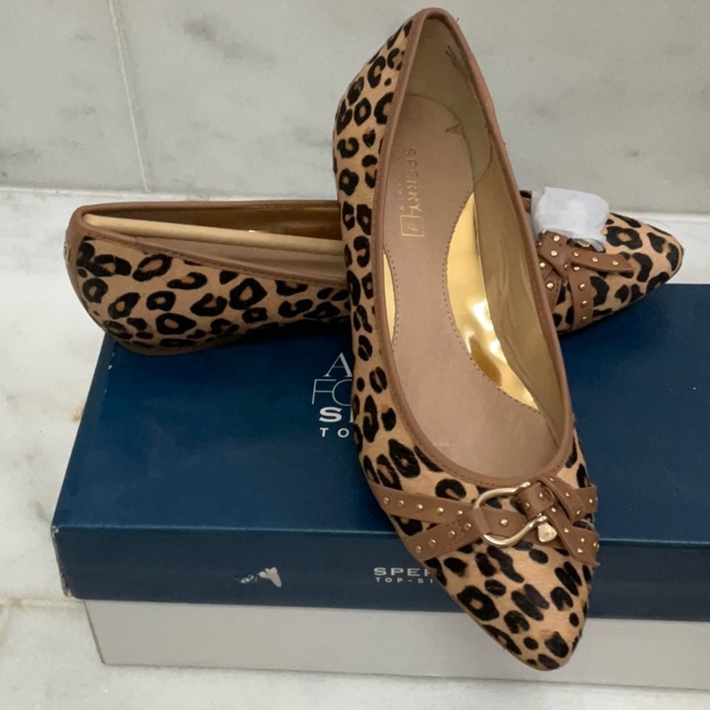 Sperry Leopard-Print Pointed Toe Flats in Tan & Black 8 1/ NIB